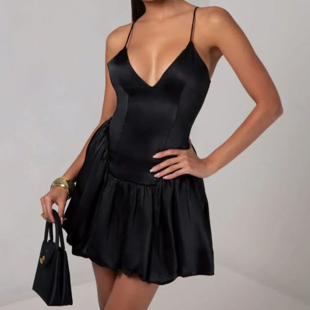 Heiress Satin V Neck Balloon Mini Dress XXS - Black